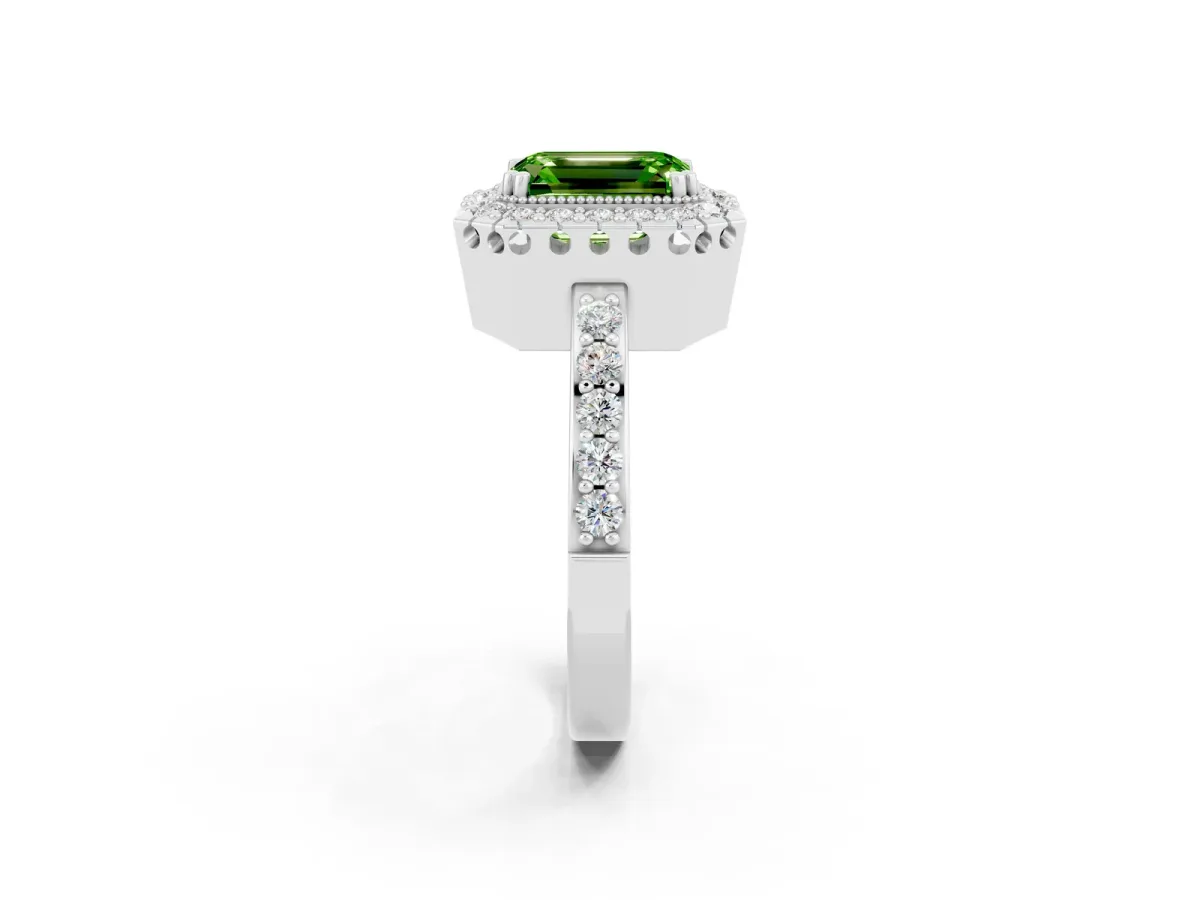Emerald Cut Peridot Halo Ring with Pavé Band and Prong Setting White gold