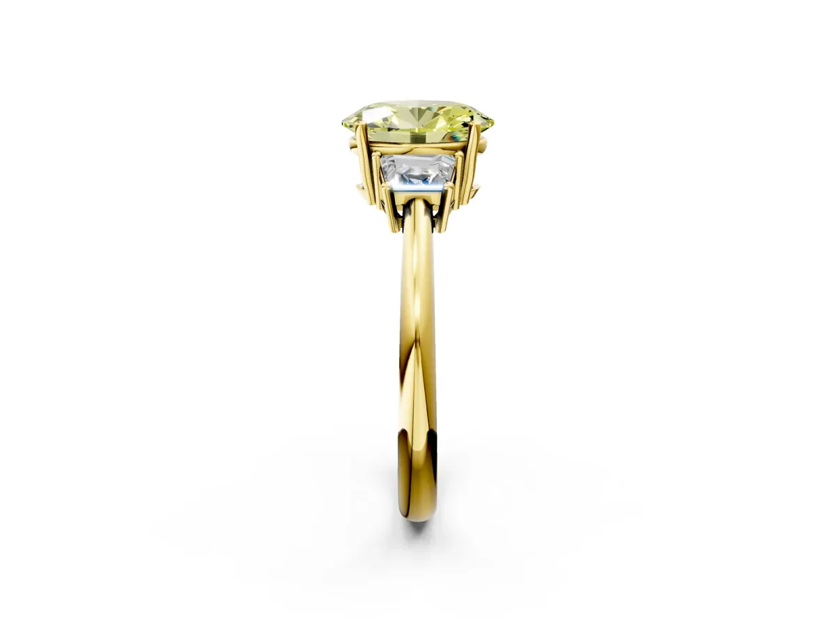 Fancy Yellow Oval Cut Diamond Three-Stone Ring with Trapezoid Side Stones and Prong Setting Yellow gold