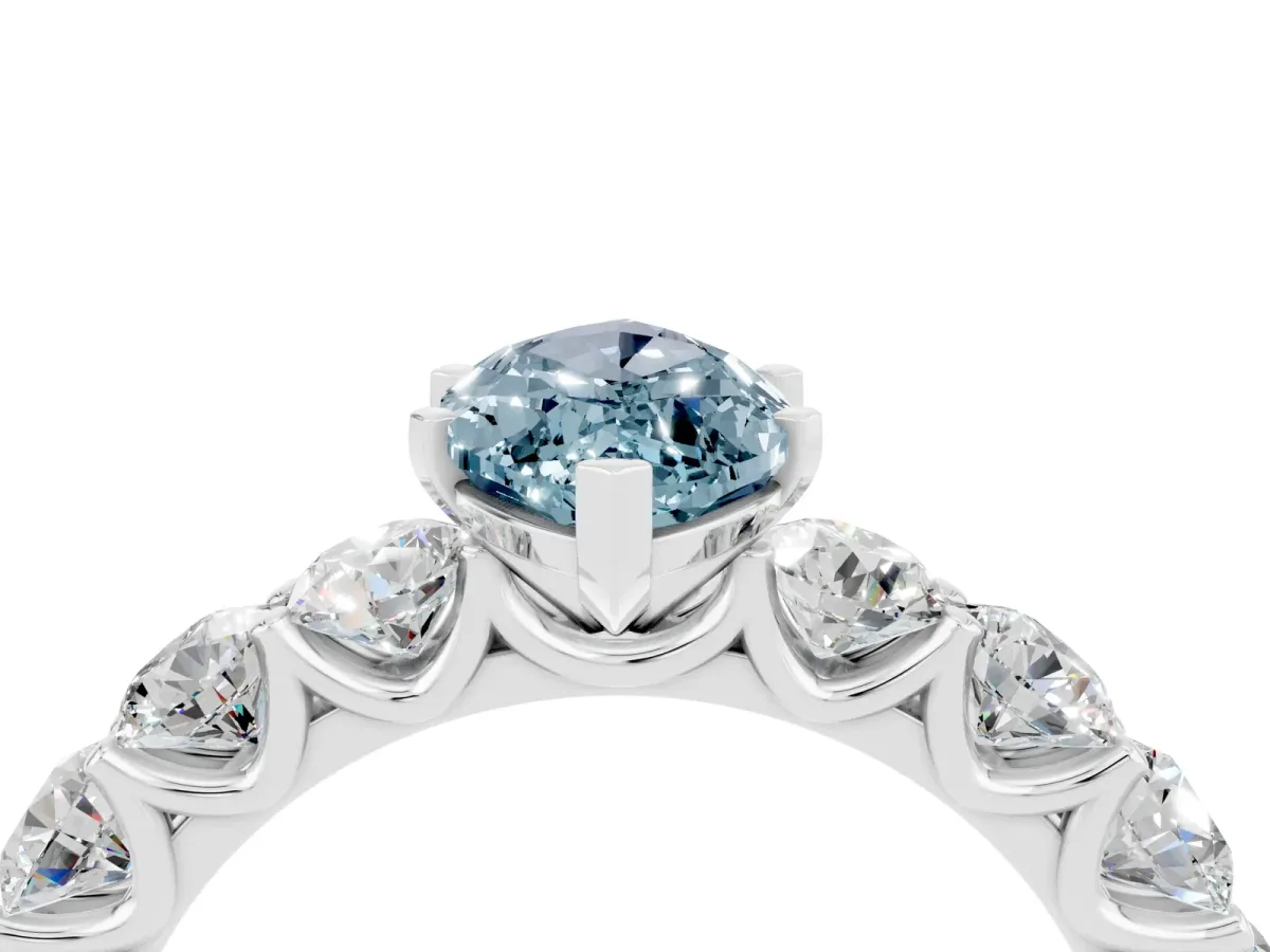 Marquise Cut Aquamarine Prong Setting with Side Stones on a Pave Band Silver