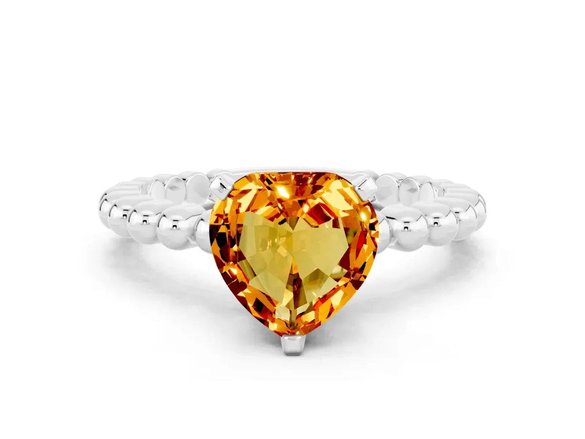 Heart Cut Citrine Solitaire Ring with Beaded Band and Prong Setting Platinum