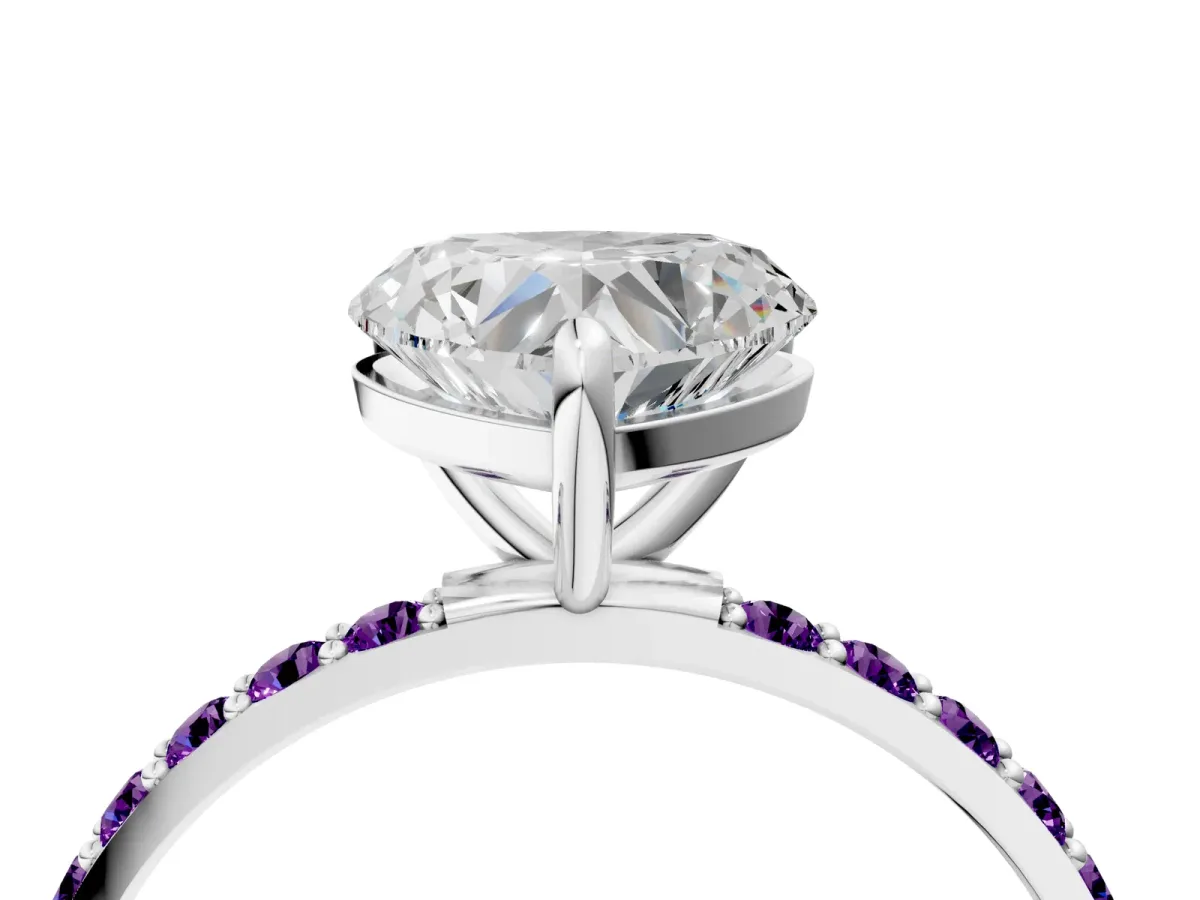 Heart Cut Diamond Solitaire Ring with Round Amethyst Pavé Band and Prong Setting Silver