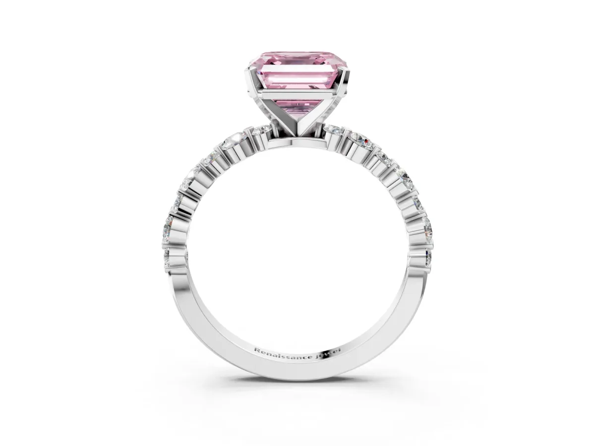 Fancy Pink Asscher Cut Diamond Prong Set Engagement Ring with Pavé Band Platinum