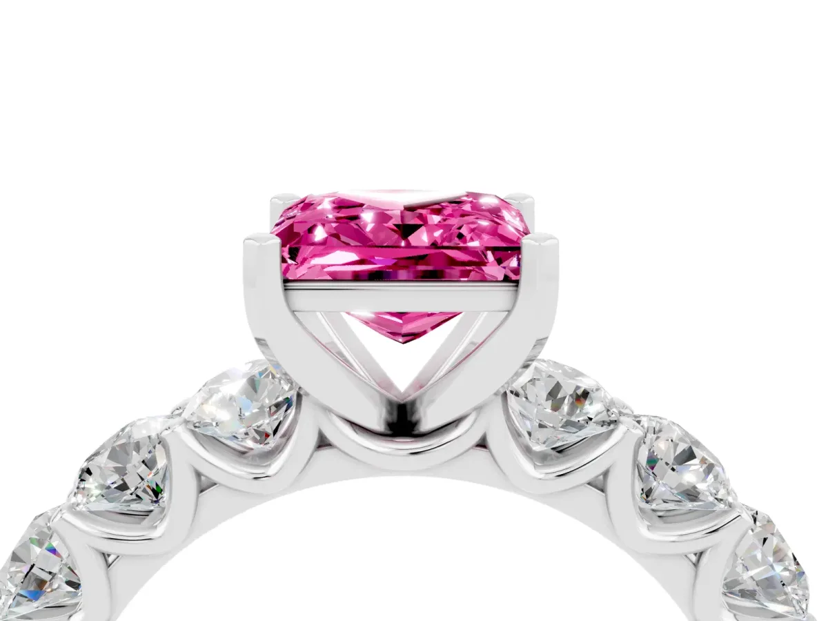 Princess Cut Pink Sapphire Prong Setting with Side Stones on a Pave Band Silver