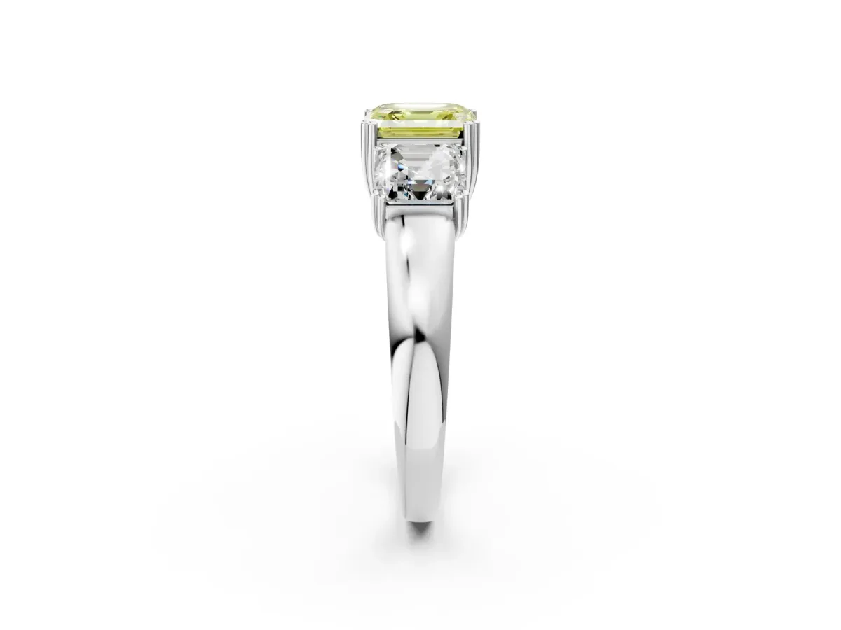 Fancy Yellow Three-Stone Asscher Cut Cut Diamond Ring with Channel Set Band and Four-Prong Setting Silver