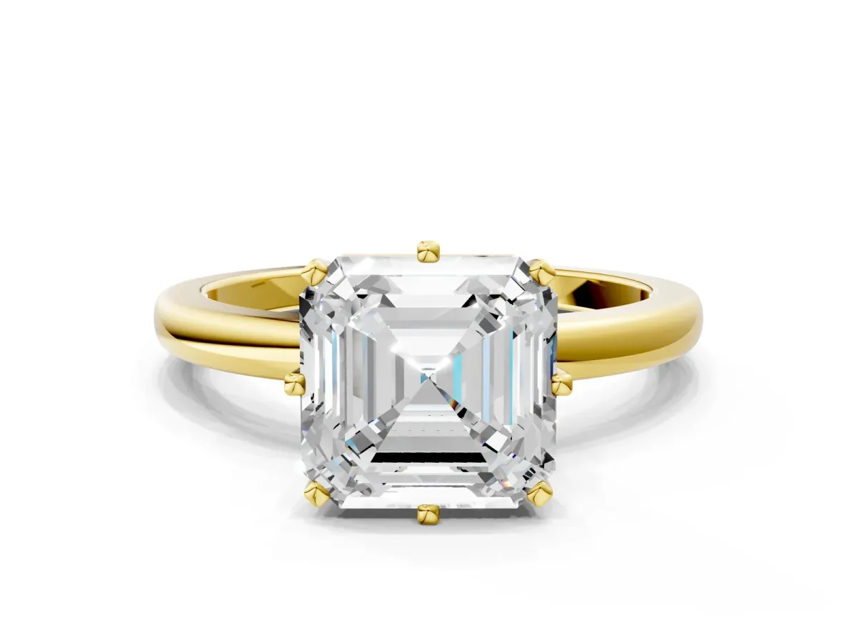 Asscher Cut Solitaire Diamond Ring with Six-Prong Setting on a Classic Band Yellow gold