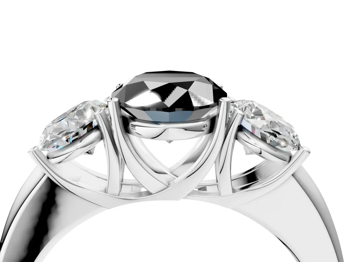 Fancy Black Oval Cut Diamond Three-Stone Ring with Four-Prong Setting and Classic Band White gold