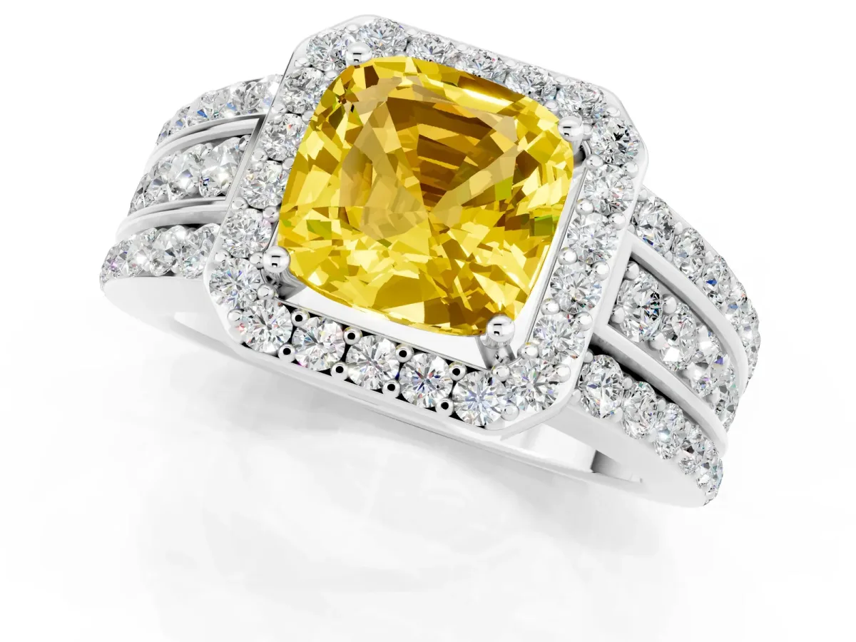 Cushion Cut Halo Yellow Sapphire Ring with Round Split Shank and Prong Setting Silver