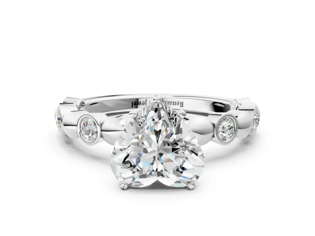 Heart Cut Solitaire Bezel-Set Diamond Ring with Beaded Band and Four-Prong Setting Silver