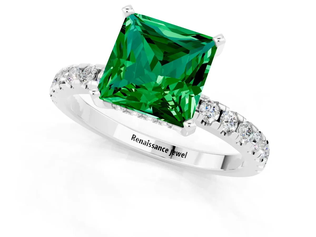 Princess Cut Emerald Solitaire Ring with Round Pavé Band and Four-Prong Setting Silver