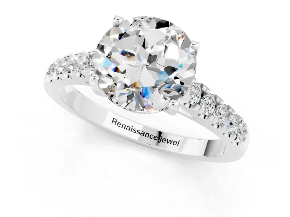Round Cut Moissanite Pavé Band Solitaire Ring with Prong Setting White gold