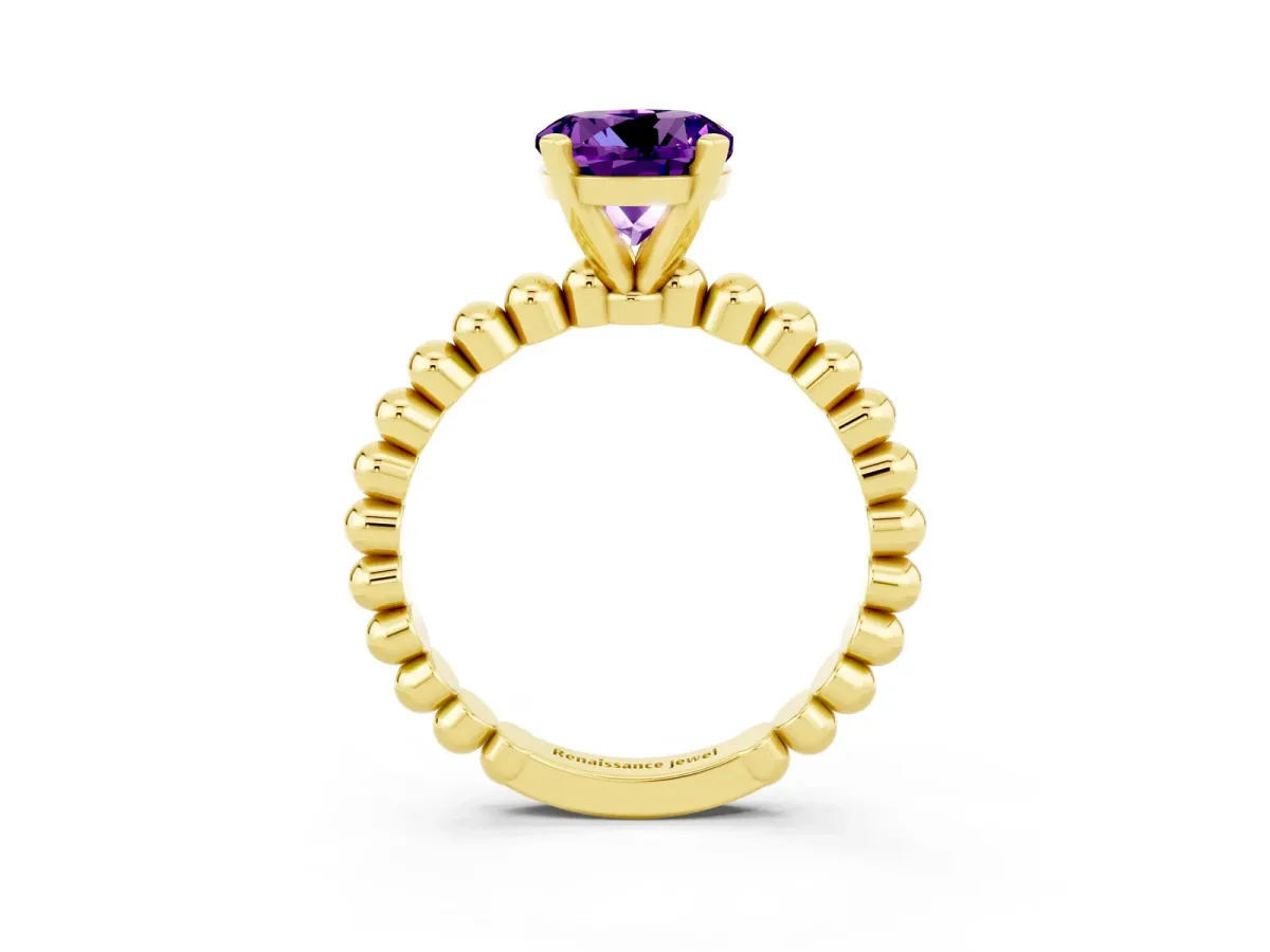 Round Cut Amethyst Solitaire Ring with Beaded Band and Prong Setting Yellow gold