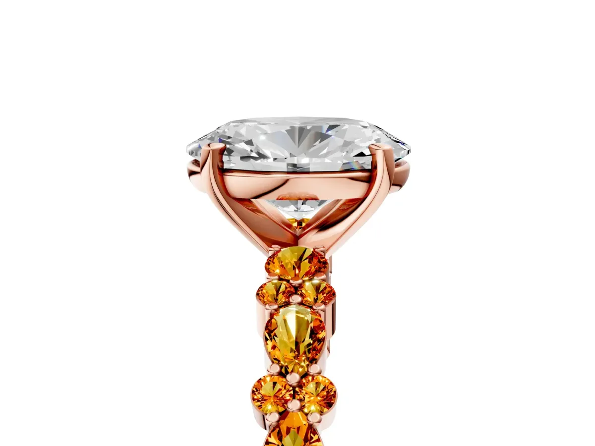 Oval Cut Diamond Side Stone Solitaire Ring with Round Citrine and Four-Prong Setting Rose gold