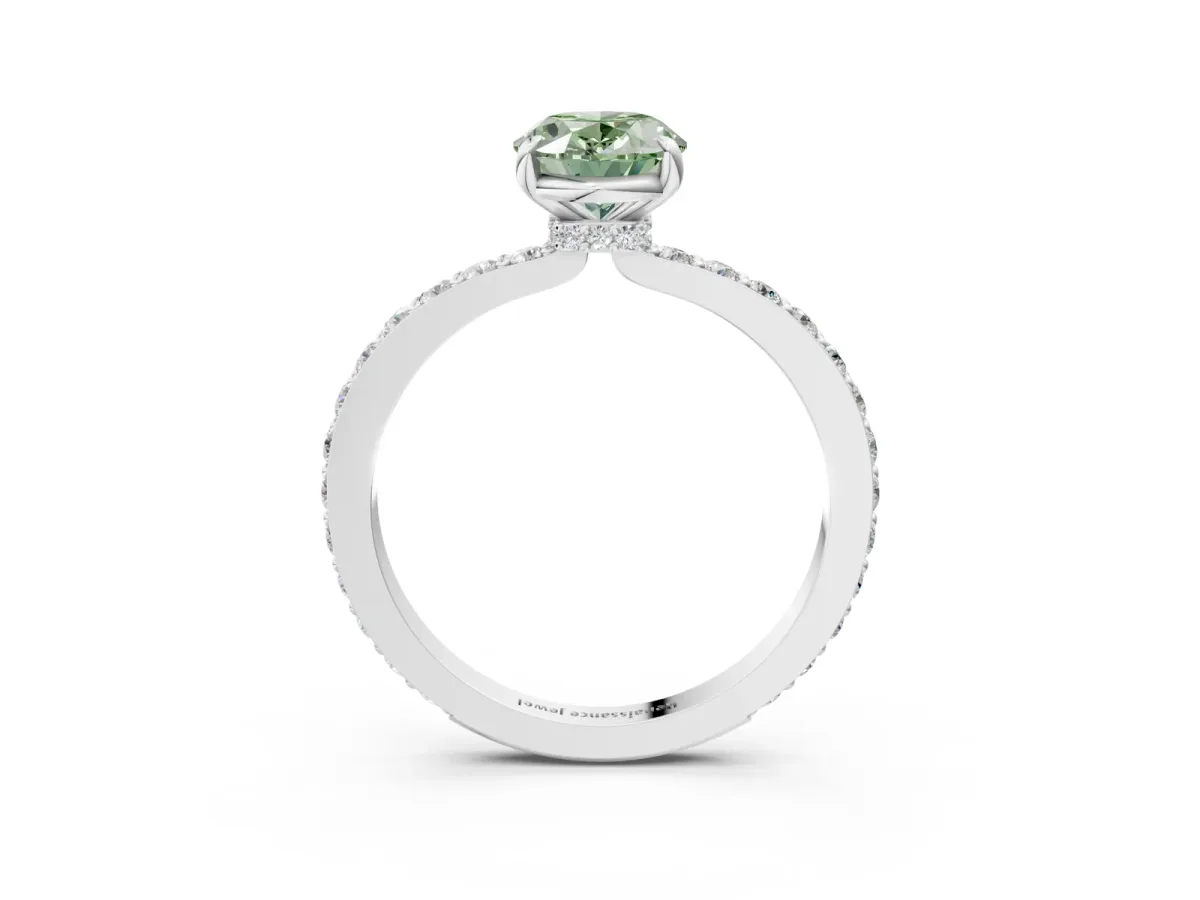 Fancy Green Oval Cut Diamond Solitaire Engagement Ring with Pavé Band and Four-Prong Setting Silver