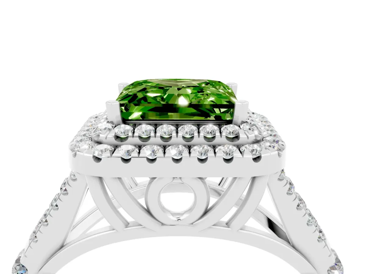 Double Halo Princess Cut Peridot Split Shank Engagement Ring with Four-Prong Setting White gold