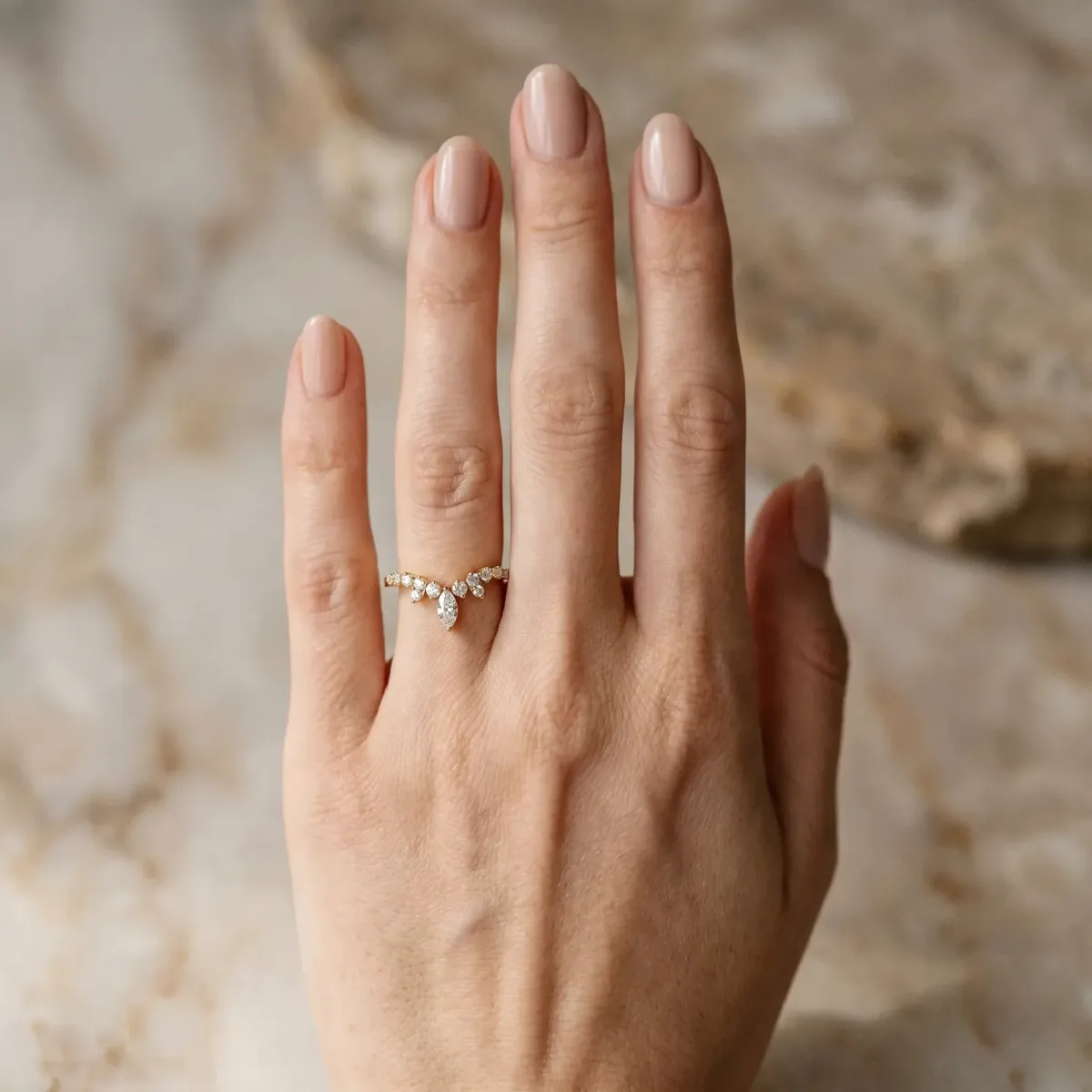 Marquise and Round Diamond Chevron Band with Prong Setting Yellow gold
