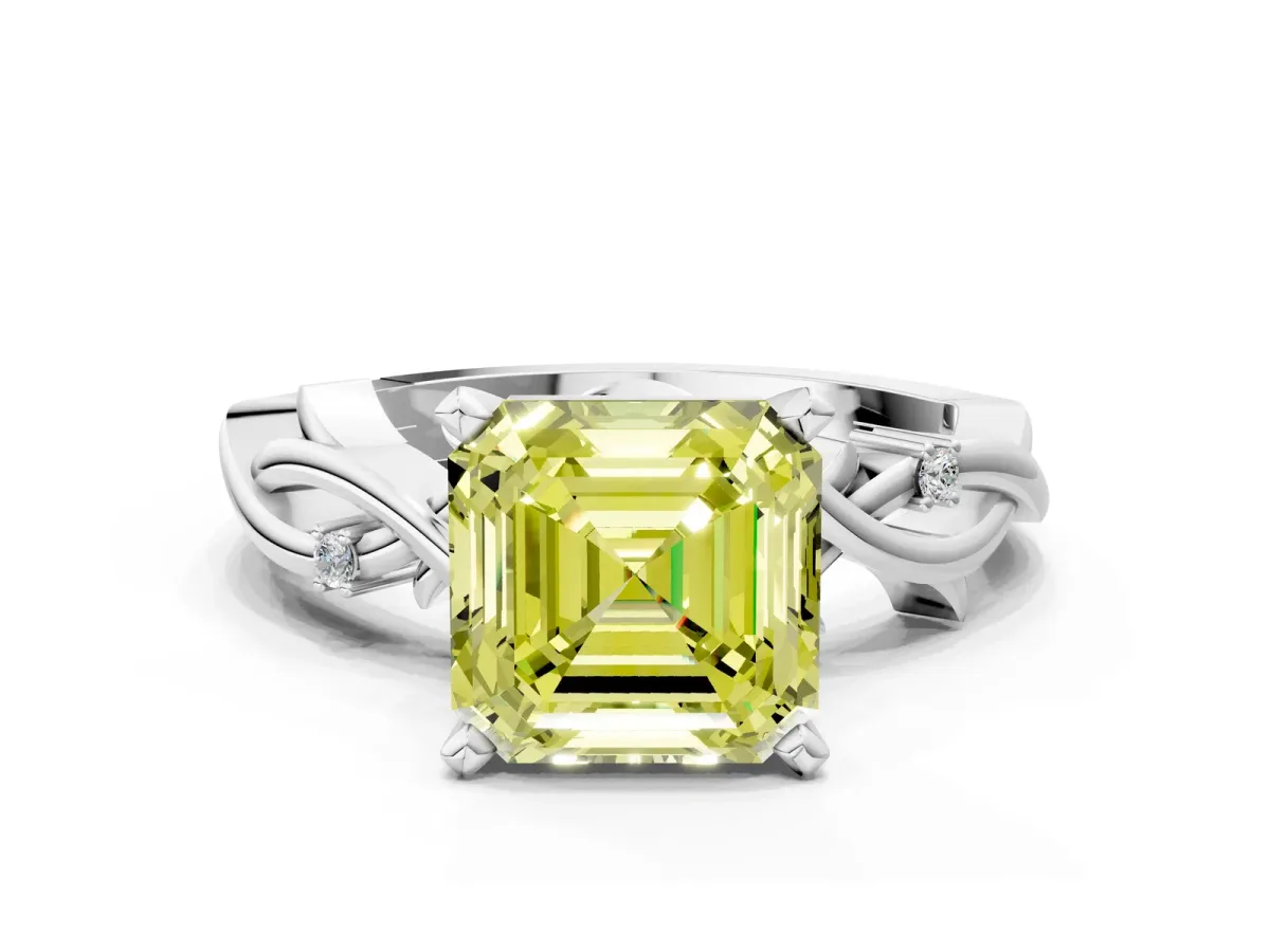 Fancy Yellow Asscher Cut Diamond Solitaire Ring with Twisted Band and Prong Setting Platinum