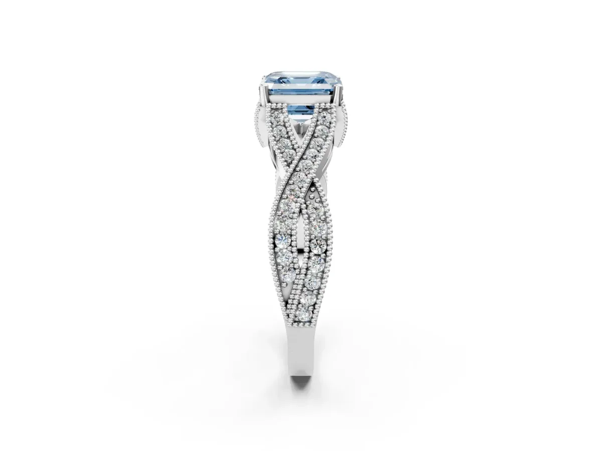 Fancy Blue Asscher Cut Cut Diamond Twisted Band with Milgrain Pave Setting and Four-Prong Setting Platinum