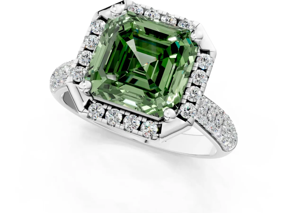 Fancy Green Asscher Cut Cut Halo Pave Band Four-Prong Setting Ring Platinum