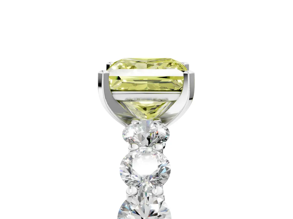 Fancy Yellow Princess Cut Diamond Prong Setting with Side Stones on a Pave Band Silver