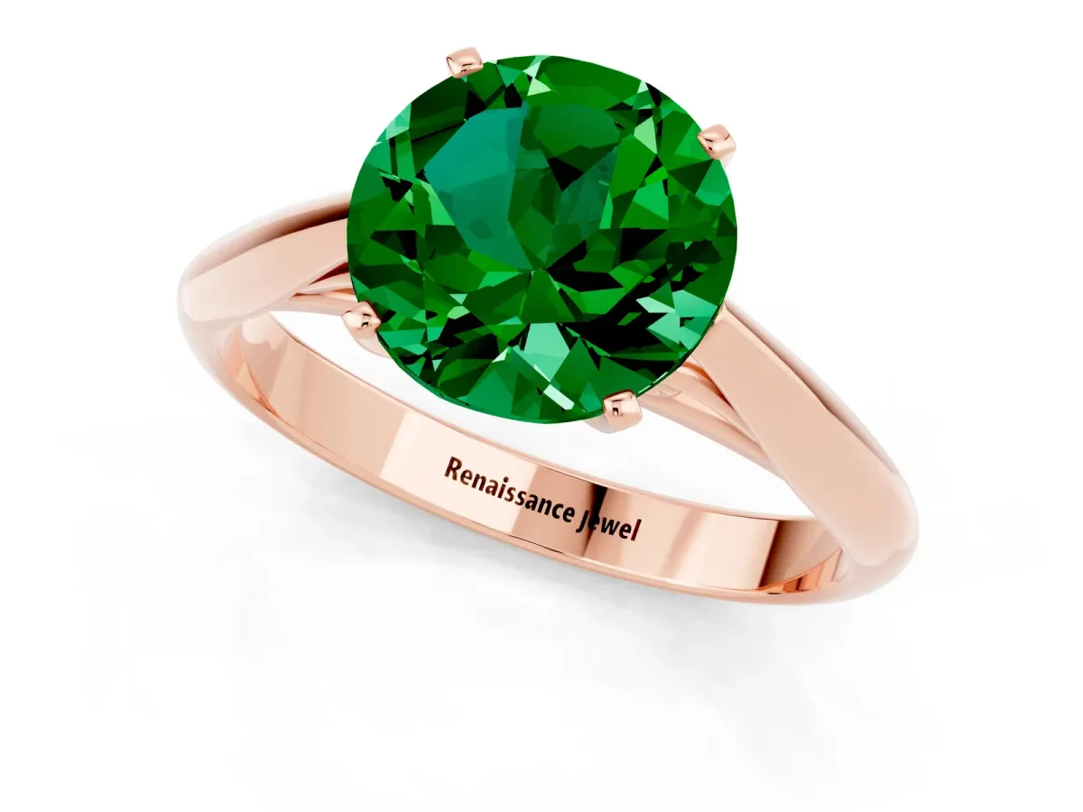 Round Cut Emerald Solitaire Engagement Ring with Cathedral Setting and Four-Prong Mount Rose gold