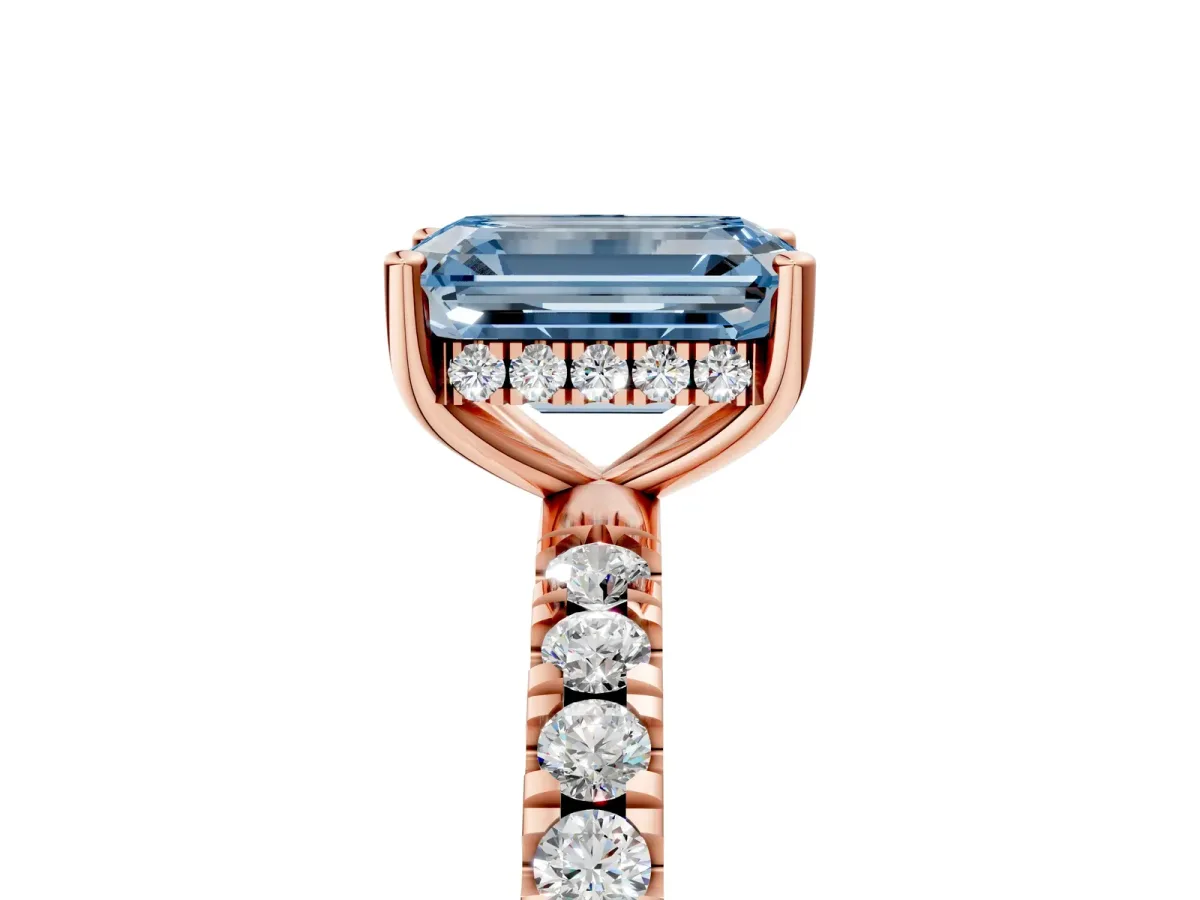 Fancy Blue Emerald Cut Diamond Pave Band Solitaire Ring with Round and Prong Setting Rose gold