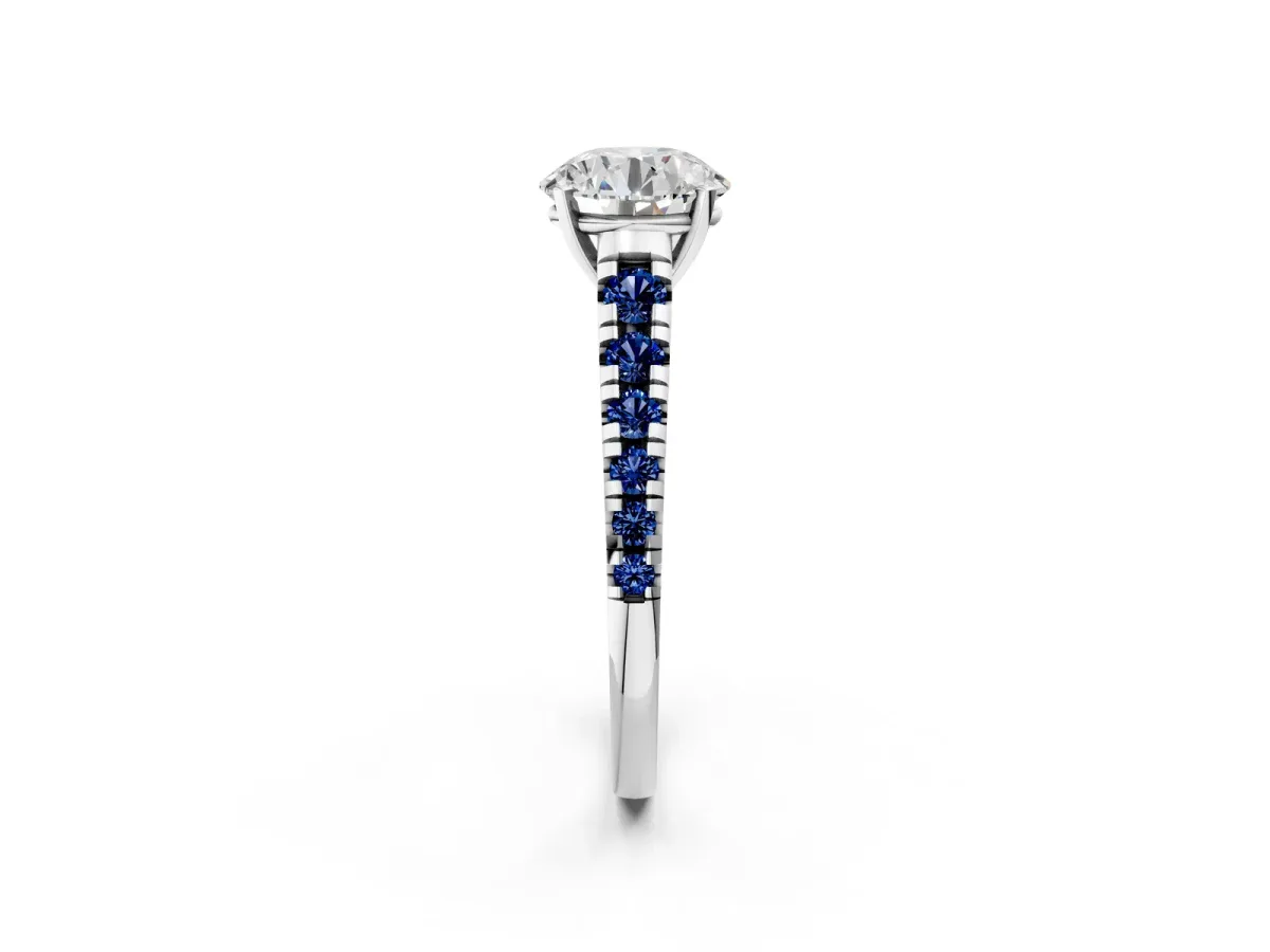Round Cut Diamond Cathedral Solitaire Ring with Round Blue Sapphire Pavé Band Silver