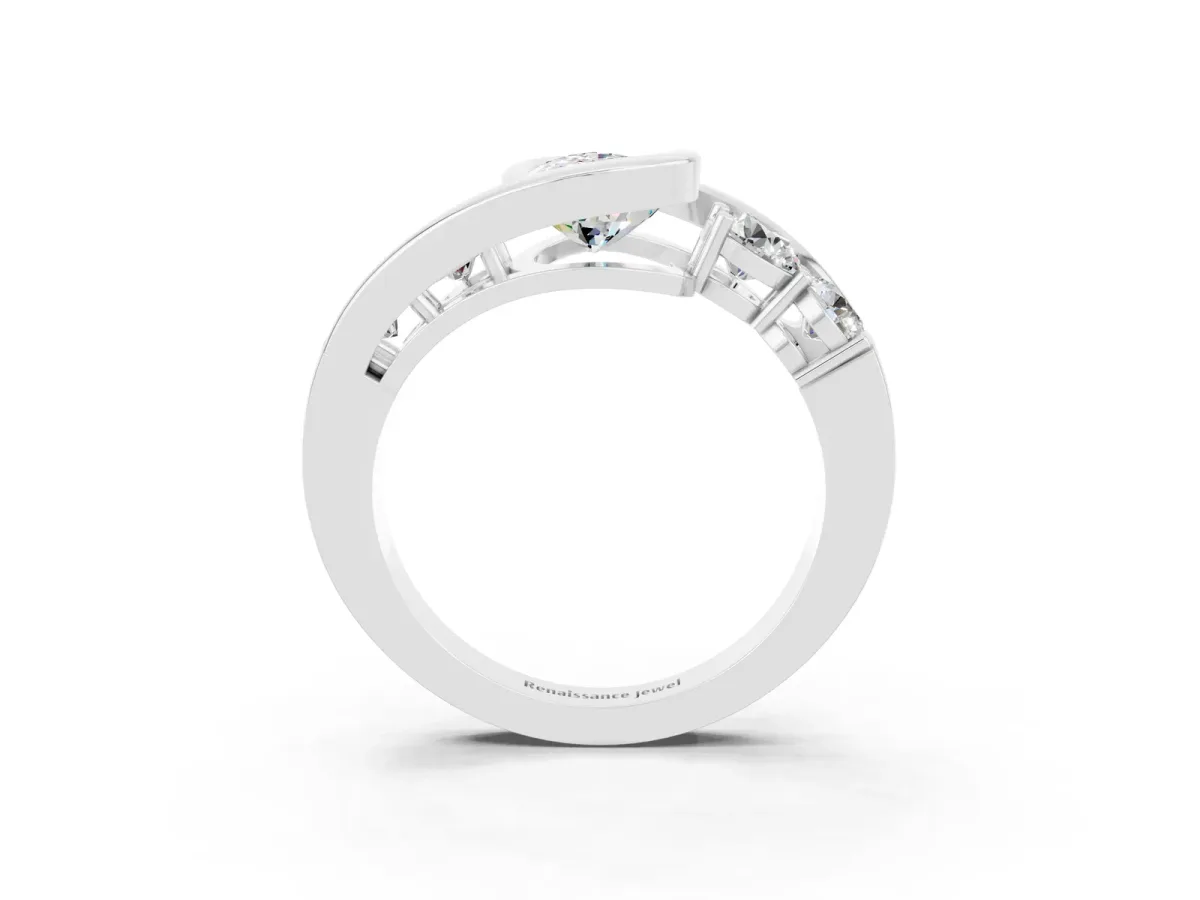 Bezel Set Pear Cut Moissanite Bypass Ring with Round Accents Silver