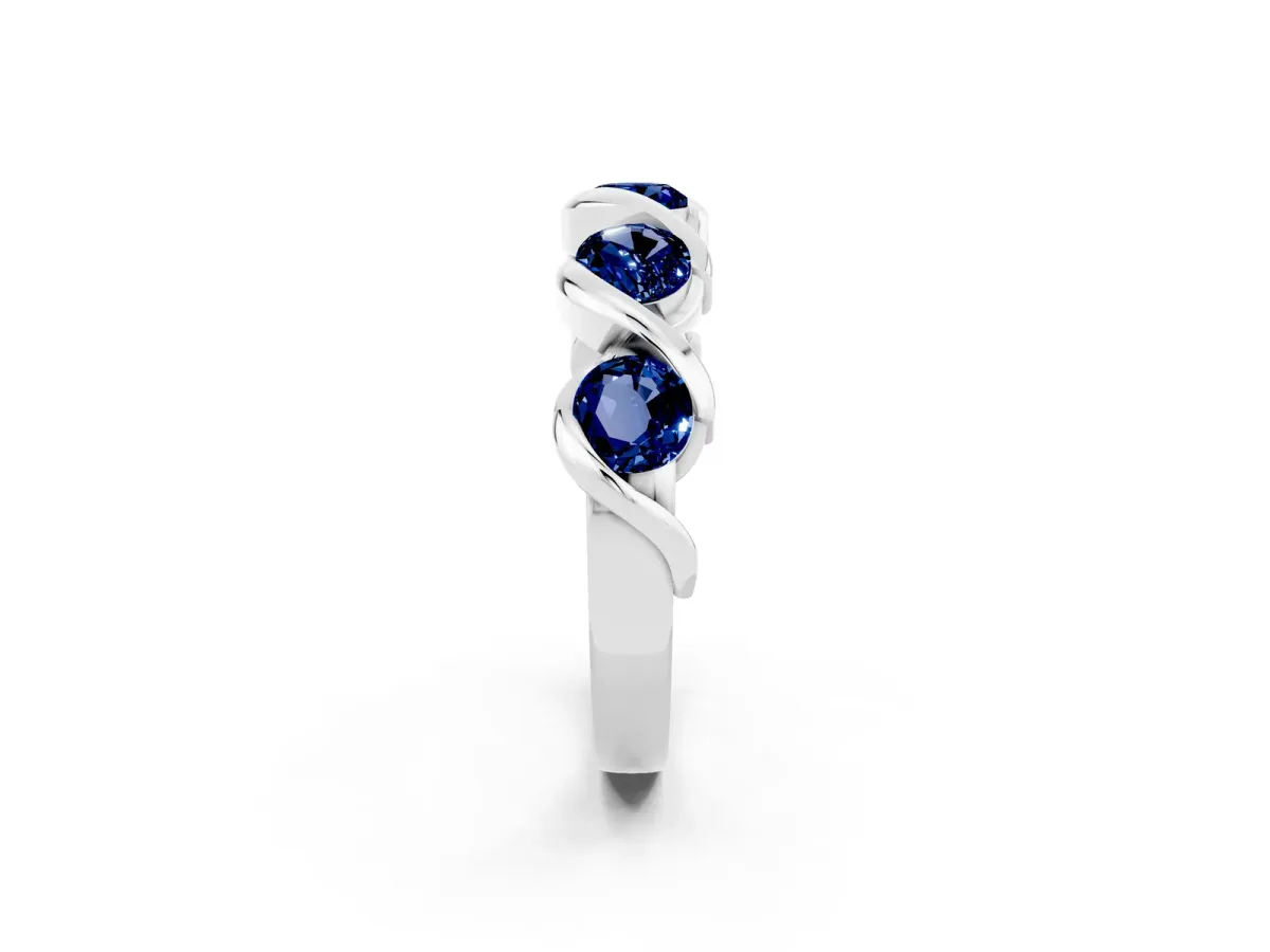 Round Blue Sapphire Wave Band with Channel Setting and Shared Prongs Silver