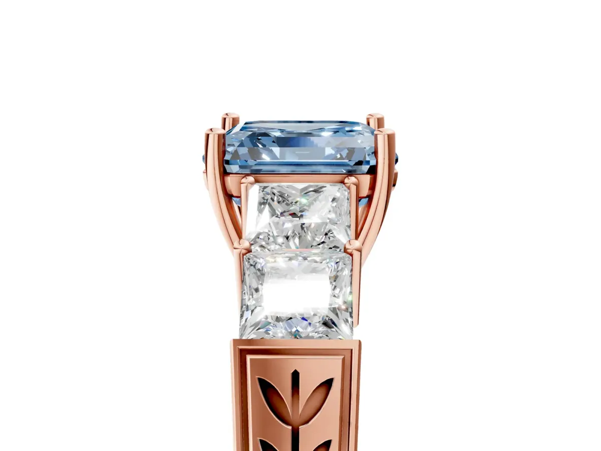 Fancy Blue Asscher Cut Solitaire Princess Side Stone Engraved Band Prong Setting Ring Rose gold