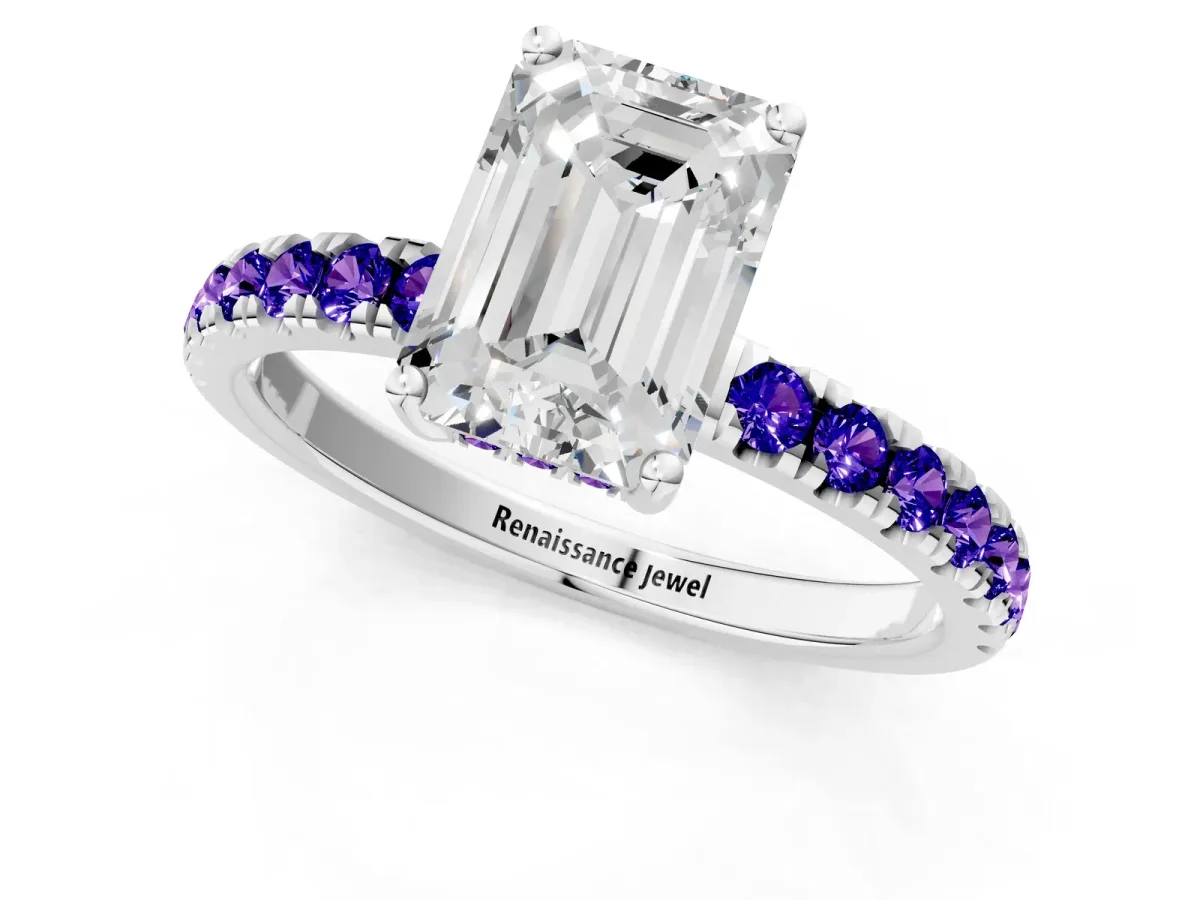 Emerald Cut Diamond Pave Band Solitaire Ring with Round Tanzanite and Prong Setting Platinum