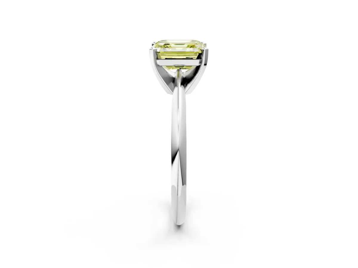 Fancy Yellow Asscher Cut Cut Solitaire Ring with Four-Prong Setting on a Classic Band Platinum