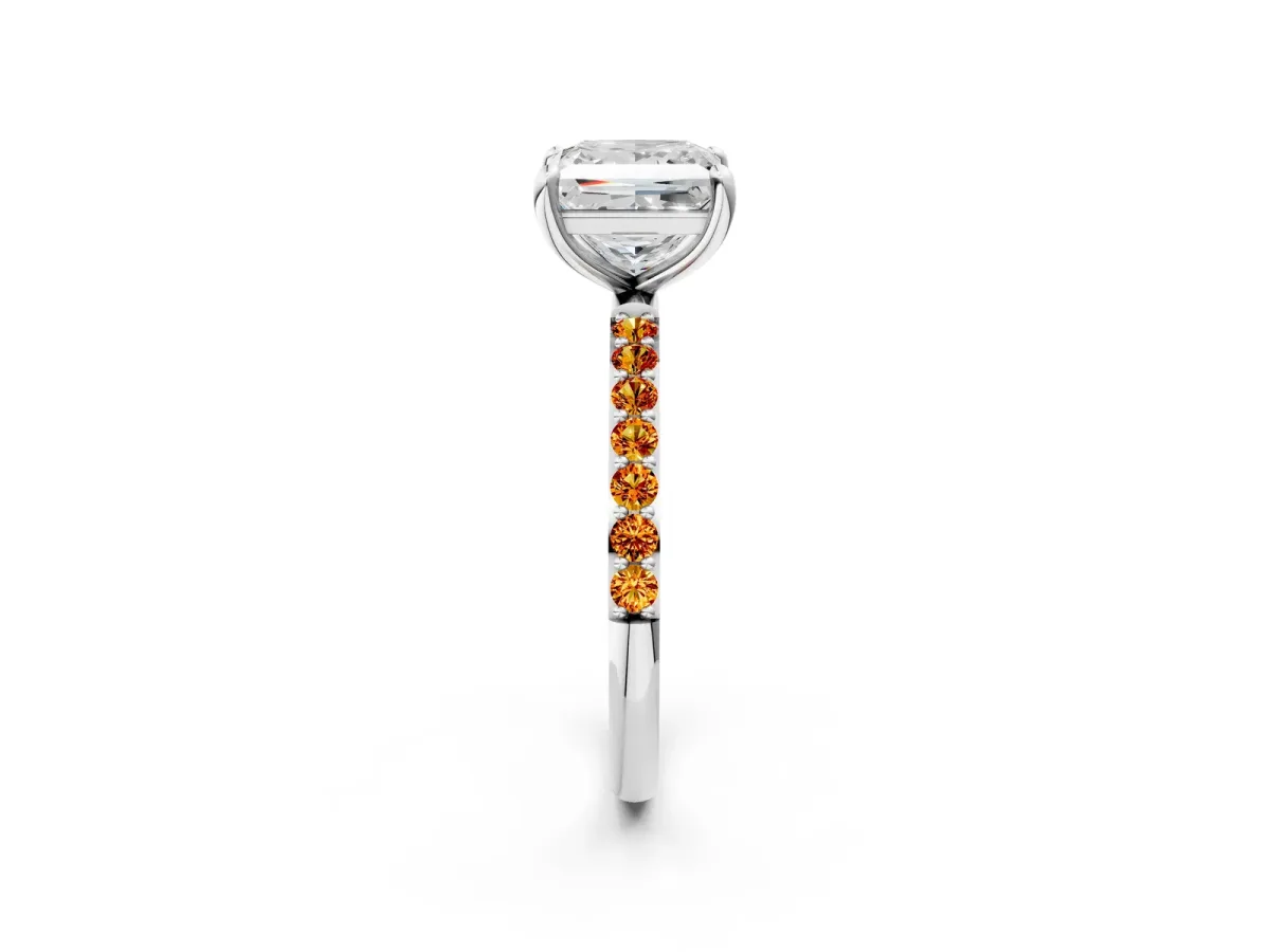 Princess Cut Diamond Solitaire Ring with Round Citrine Pavé Band and Prong Setting Silver