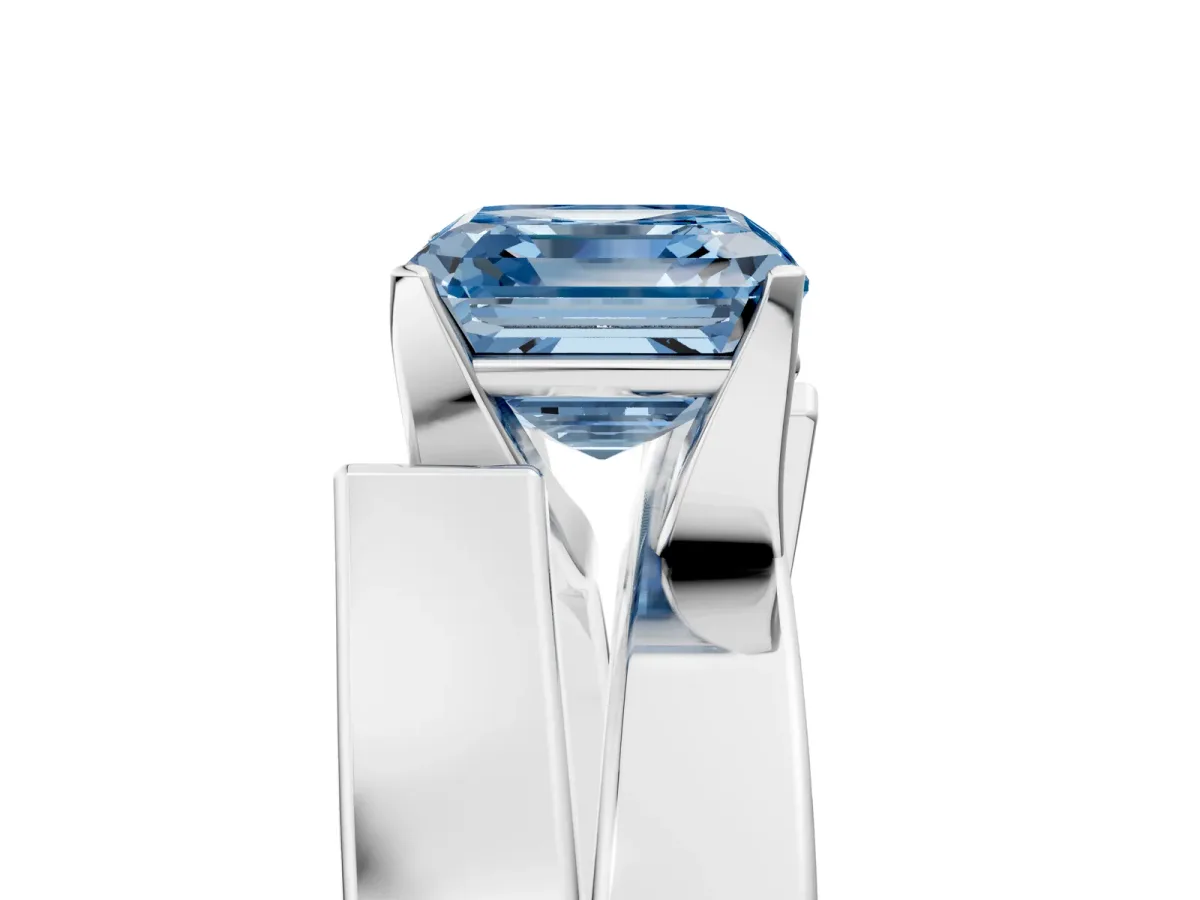 Fancy Blue Modern Tension Set Asscher Cut Diamond Solitaire Wide Band Ring Silver