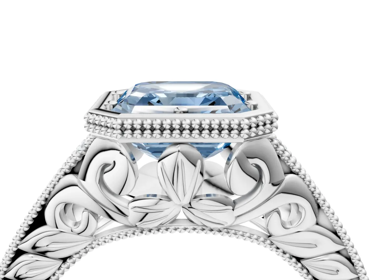 Fancy Blue Bezel Set Asscher Cut Diamond Milgrain Pave Engagement Ring Platinum