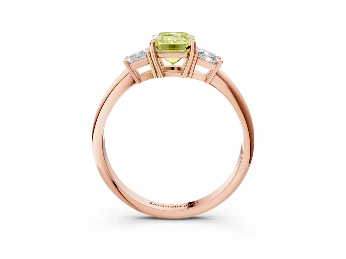 Fancy Yellow Emerald Cut Diamond Three-Stone Ring with Trapezoid Side Stones and Prong Setting Rose gold
