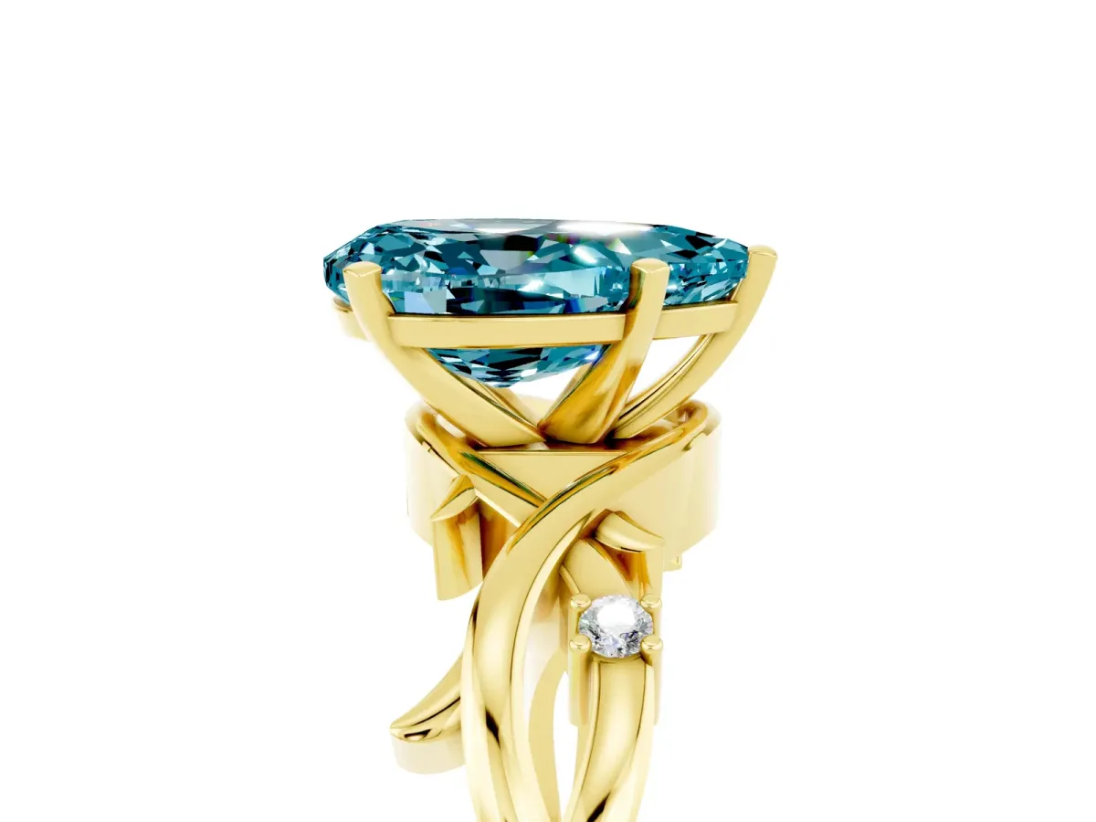 Pear Cut Blue Topaz Solitaire Ring with Twisted Band and Prong Setting Yellow gold