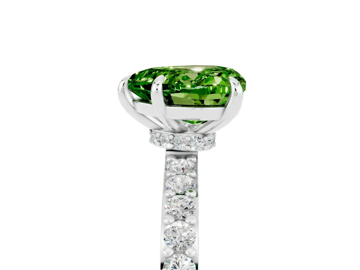 Heart Cut Peridot Pavé Engagement Ring with Round Accents and Prong Setting Silver