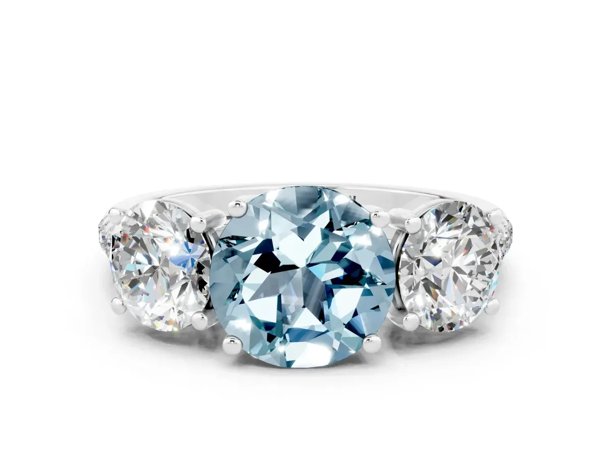 Three-Stone Round Cut Aquamarine Ring with Round Pavé Band and Prong Setting Silver