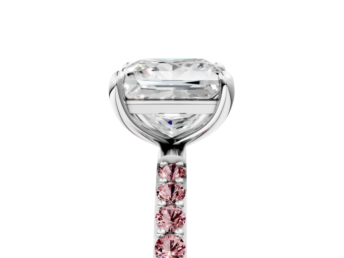 Princess Cut Diamond Solitaire Ring with Round Morganite Pavé Band and Prong Setting Silver