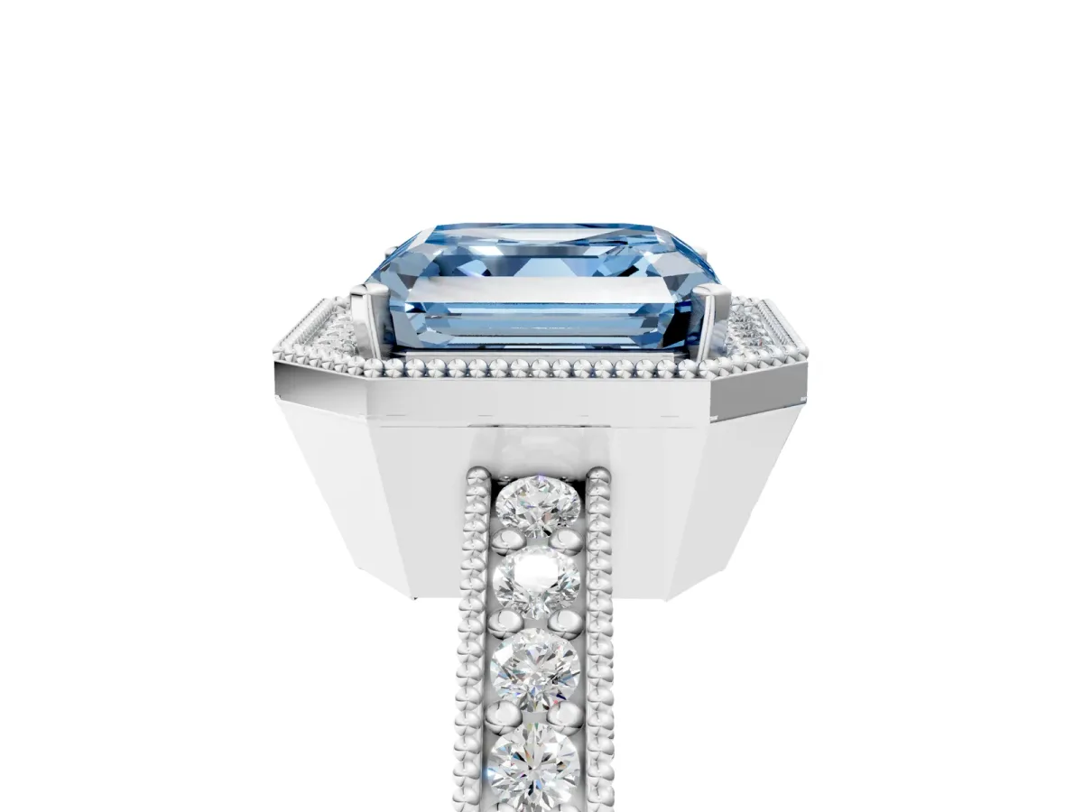 Fancy Blue Asscher Cut Cut Halo Diamond Pave Band Ring with Four-Prong Setting Platinum