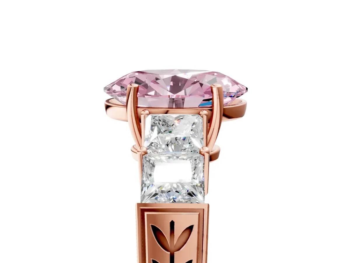 Fancy Pink Oval Cut Solitaire Princess Side Stone Engraved Band Prong Setting Ring Rose gold