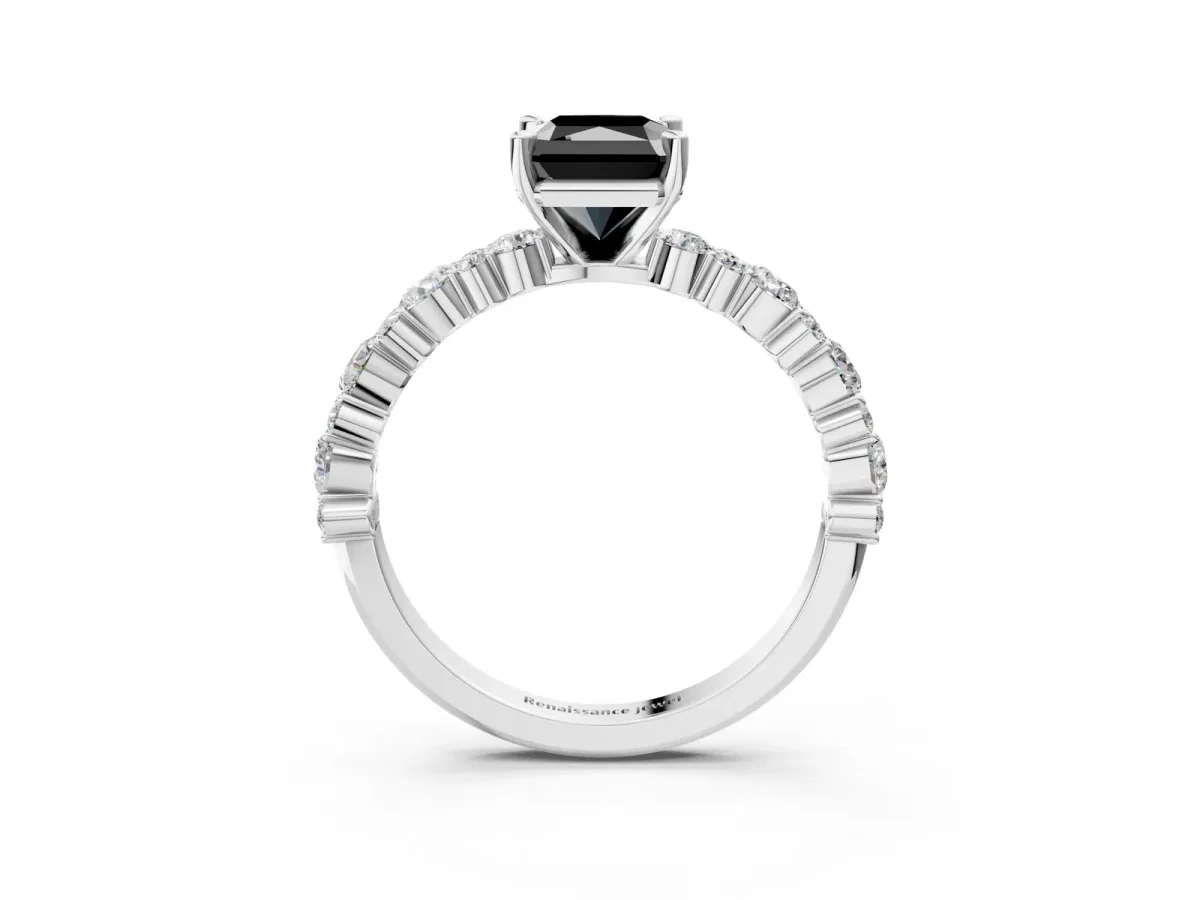 Fancy Black Radiant Cut Diamond Side Stone Solitaire Ring with Round and Four-Prong Setting Platinum