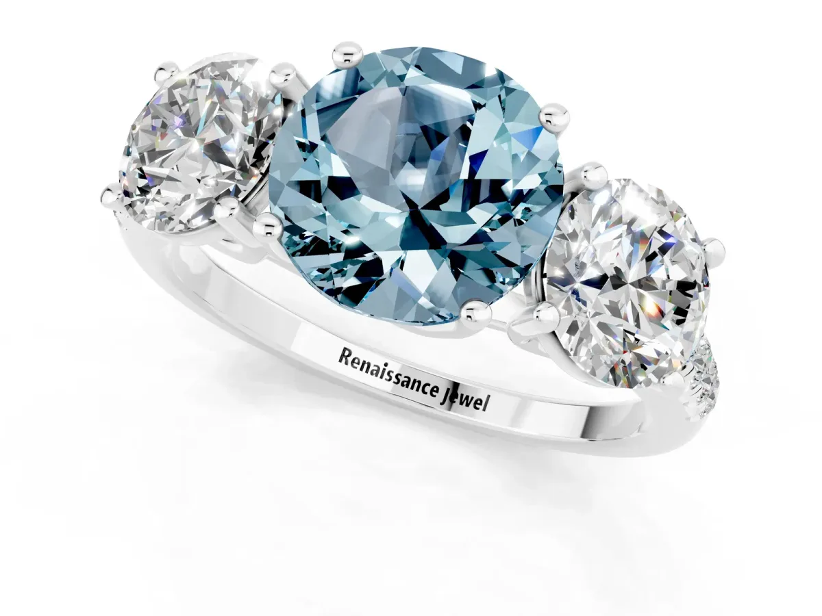 Three-Stone Round Cut Aquamarine Ring with Round Pavé Band and Prong Setting Silver