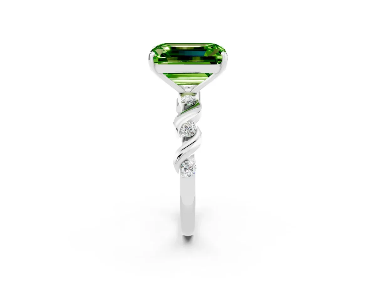 Emerald Cut Peridot Solitaire Twisted Band with Round Accents and Prong Setting Silver