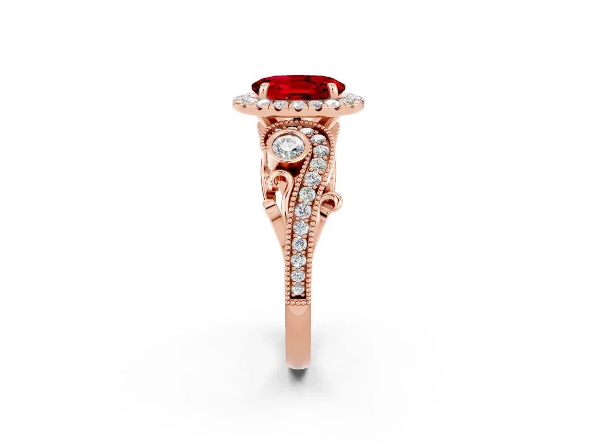 Oval Cut Ruby Halo Ring with Milgrain Pavé Band and Four-Prong Setting Rose gold