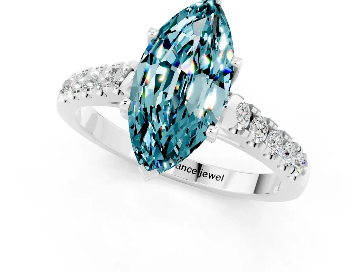 Marquise Cut Blue Topaz Pavé Band Solitaire Ring with Prong Setting Silver