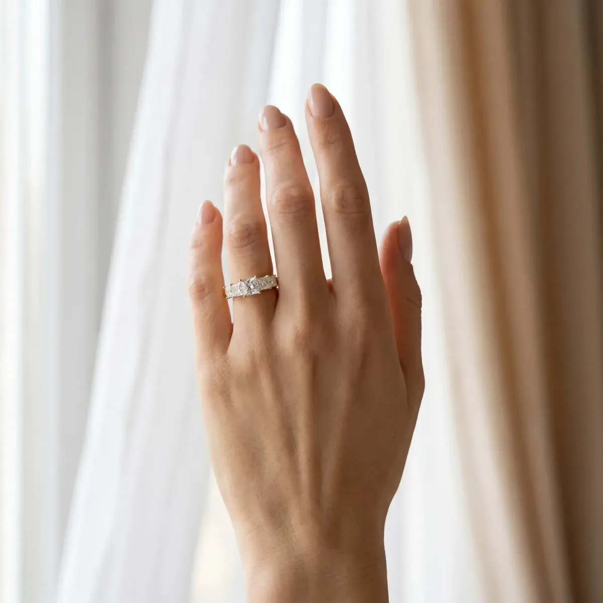 Princess Cut Five-Stone Diamond Ring with Classic Prong Setting Yellow gold