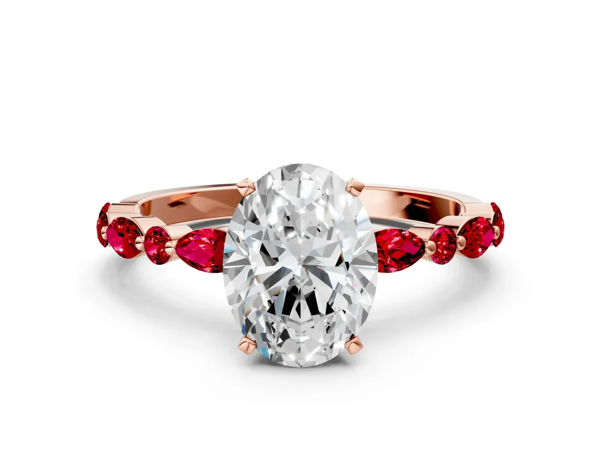 Oval Cut Diamond Ring with Marquise and Round Ruby Side Stones and Four-Prong Setting Rose gold