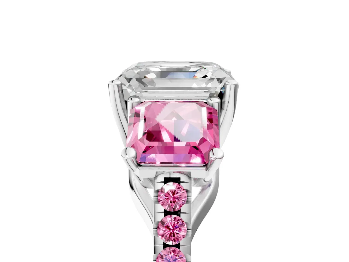 Three-Stone Asscher Cut Diamond Ring with Round Pink Sapphire Pavé Band and Prong Setting Silver