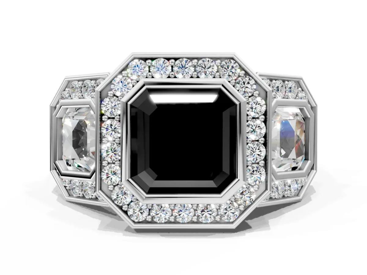 Fancy Black Three-Stone Asscher Cut Halo Pavé Diamond Ring Platinum
